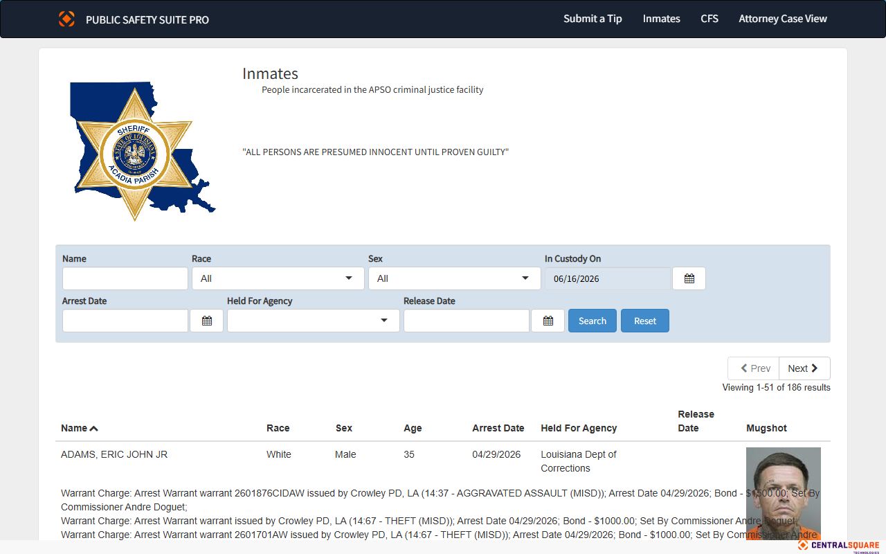 Acadia Parish County inmate population APSO jail roster search
